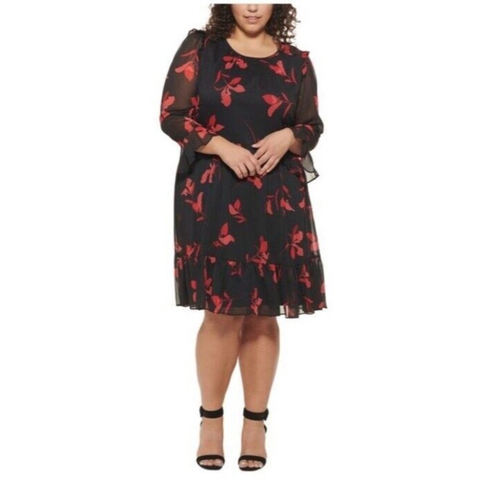 CALVIN KLEIN Womens Black Lined Long Sleeve Knee Length Cocktail Shift Dress 20w